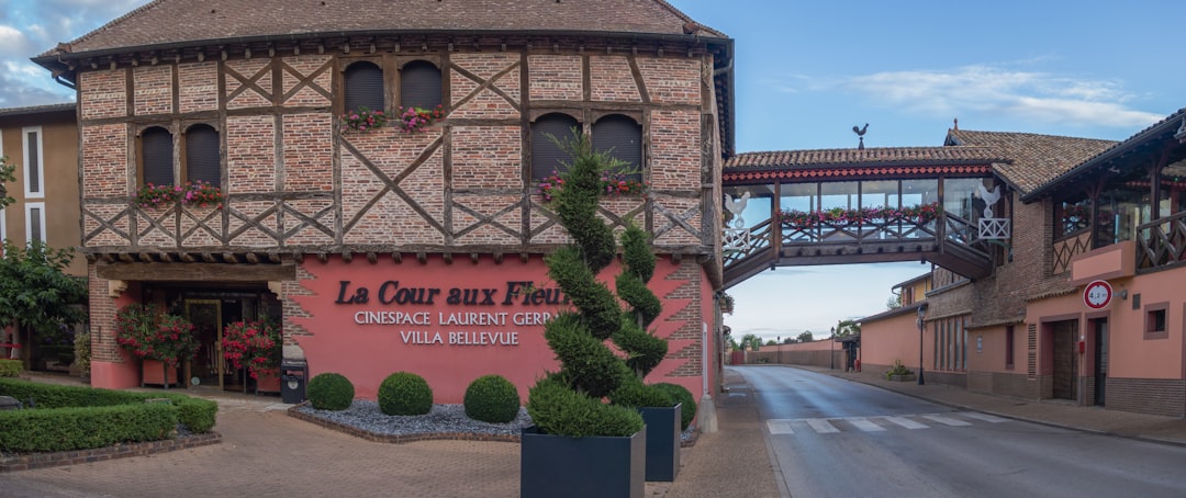 Half-timbered building with a covered walkway over street